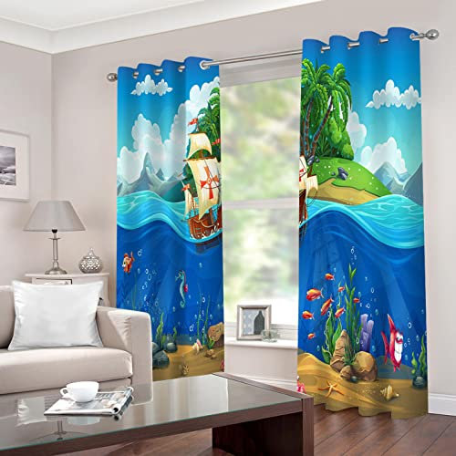 CILODO Gardinen mit ösen Piraten & Segelboote 2X B75x H166cm Vorhang Blickdicht Schlafzimmer Kinderzimmer Verdunkelungsvorhang Thermo Vorhänge Ösenvorhang 2 Stücke