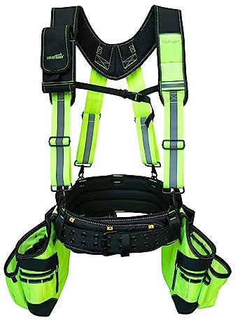 MELOTOUGH 28-Pocket Pro Framer's rig Combo Apron Tool Belt and Heavy Duty Padded Suspenders with Magnetic Desinger for Technician/Carpenter/and Electrician's Tools (Hi Viz Lime)