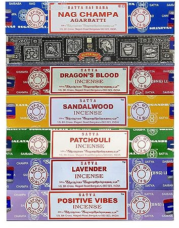 Satya Incense Gift Set Nag Champa, Super hit, Dragon's Blood, Sandalwood, Patchouli, Lavender, Positive Vibes, 15 g