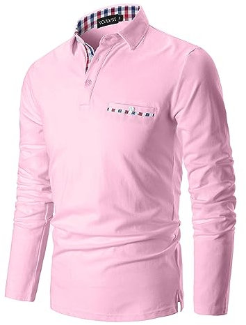 YCUEUST Coton Treillis Homme Manche Longue Polo Casual Basic Tennis Golf T-Shirt Rose XL