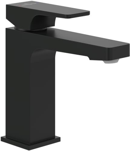 Villeroy & Boch Architectura Square Waschtischarmatur, Wasserhahn Bad mit Zugstange und Keramikkartusche, Waschbeckenarmatur wassersparend, Auslauf Höhe 113mm, eckig, Matt Black