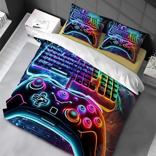 Chenbing Art Parure De Lit 135x200cm Housse De Couette Et Taie d'oreiller 50x75cm pour Enfants Adolescents 3D Console De Jeu Boutons d'action Gamer Console Manette Motif Sets De Housses De Couettes