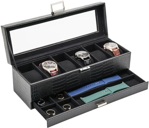 ProCase Uhrenbox mit 6 Fächern,Uhrenkasten mit Glasdeckel, 2 Ebenen, Uhrenkoffer mit herausnehmbaren Uhrenkissen, Uhrenschatulle für Schmuck, Ringe, Armbänder und Halsketten -Eidechsenschwarz