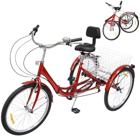 XUEMANSHOP Dreirad für Erwachsene, 24 Zoll Dreirad für Erwachsene mit Rückenlehne und Shopping Korb, 3 Räder 7 Gang-Fahrrad, Faltbares Cruise Bikes