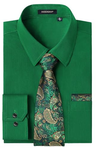HISDERN Grün Hemd Herren Langarm Hemd mit Krawatte Set Formelle Unifarben Freizeithemden Business Herrenhemden Regular Fit 2XL