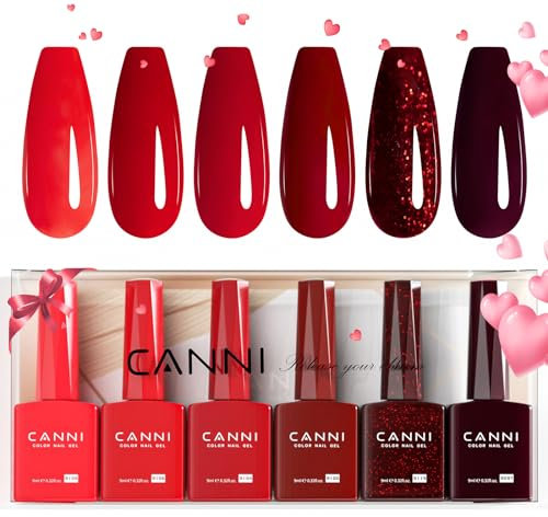 CANNI UV Nagellack Set 6 Farben glitzerndes Rot tiefes Rot glitter red deep red Gellack Nagellack Gel Polish Set Gelnägel Set UV Gel für Nägel 2309