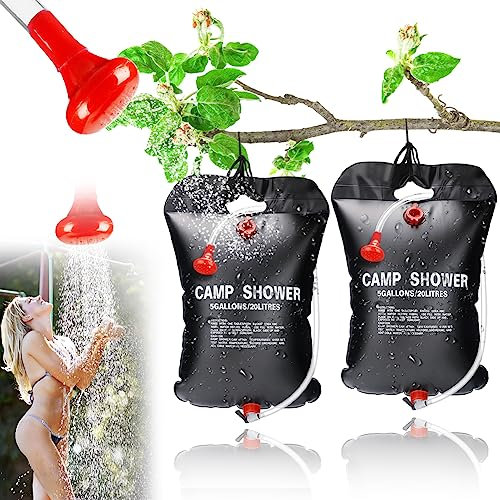Yuragim Lot de 2 Sacs de Douche Solaires de 20 l - Sac de Douche Solaire Portable - Chauffage Mobile - Sac de Douche pour Extérieur, Camping, Randonnée - avec Pommeau de Douche, Tuyau et Corde