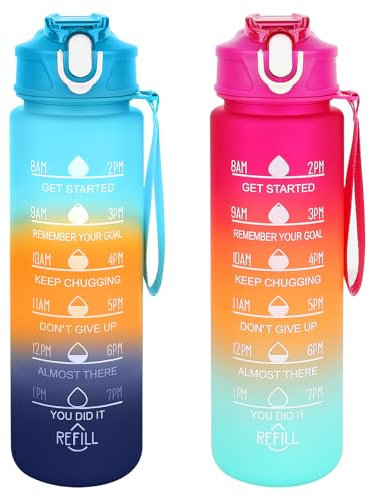 MJFENDAI 750ML Water Bottle with Straw, 2pcs Sport Water Bottle, Leak Proof Flip Top Lid, BPA Free, Drinks Bottle with Straw and Time Scale for Gym, Hiking, Fitness, Yoga (2 Bottle)