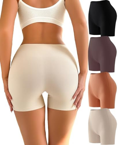 FINETOO 4er Pack Seamless Boxershort Damen High Waist Radlerhose Unterwäsche Weich Nahtlose Panties Under Dress Boyshorts Unterhosen Hipster Frauen Mehrpack S-XL