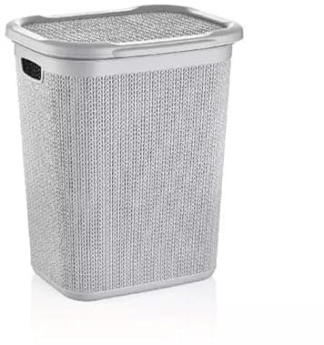 52L,50L,43L & 9L Plastic Slim Lid Bin Laundry Basket Clothes Washing Hamper Organiser Storage Container (50 Litre Knit Design Ice Grey)