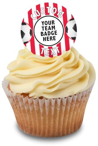 Cakeshop Cupcake Personalised Edible Cake Toppers With Red & White Stripes & Footballs | Personalise With Your Custom Image & Name | For Birthdays & Celebrations | Icing & Wafer Paper Options