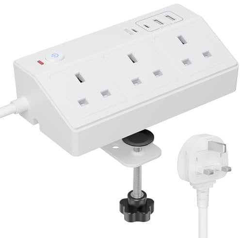 Desk Power Socket with USB Slots, HAFINO PD 20W Fast Charging Power Station, 3M White Extension Lead with Removable Clamp, Desktop Power Strip for Home Office