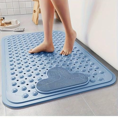 Shower Mat Bathtub Mat Non Slip Bath Mat for Shower, with Strong Grip Suction Cups Drain Holes, Massage Foot Pad for Bathroom - Blue - 60 x 90 cm