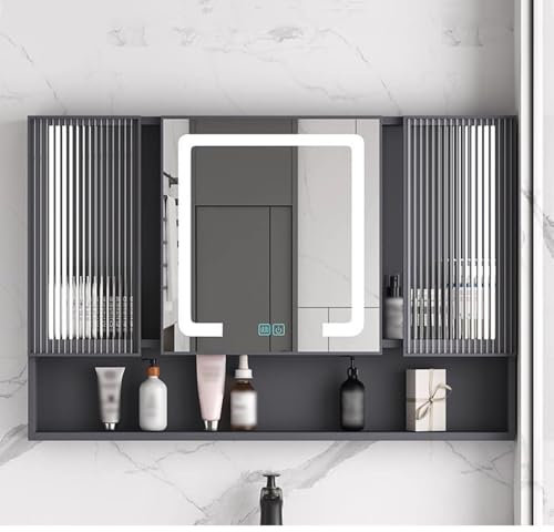 Spiegelschrank Mit Led Beleuchtung 3-türig,Aluminium Hd Bathroom Mirror Cabinet Mit Glastür Badspiegelschrank Mit Anti-Nebel Und Explosionsgeschützt Geeignet Für Ankleidezimmer,Schlafzimmer