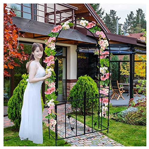 Strong Garden Arch Black Metal Rose Archway Plant Climbing Trellis Arbor Pergola Arbour Frame With Gate, W110xH214cm, Backyard Indoor Patio