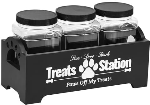 Wood Dog Treat Container with 3 Plastic Dog Treat Jars, Cute Pet Food Storage Container, Reusable Farmhouse Dog Cat Animal Storage Bin, Decorative Dog Treat Holder for Pet Owners and Lovers(black)