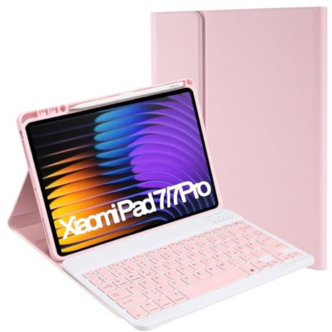 Jeloyutek für Xiaomi Pad 7 Pro/7 Tastatur Hülle, QWERTZ Layout Magnetisch Abnehmbarer Tastatur mit Hülle für für Xiaomi Pad 7 Pro/7 11,2 Zoll 2024, Rosa