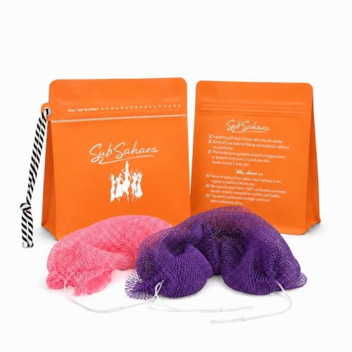 SubSahara African Net Sponge Authentic - 2 Pieces Exfoliating Scrubber for All Skin Types, Ideal for Face & Body Daily Use, Durable, Gentle Exfoliation (Purple & Pink)