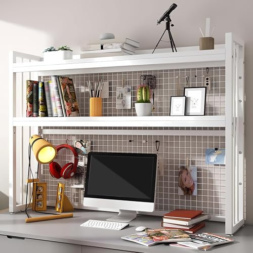 Ahtadums Schreibtisch Bücherregal 3 Etagen Verstellbar Perfekter Regal Organizer Tischregal für Computertisch, Holz und Metall Monitorständer Groß für Büro Zuhause Arbeitszimmer Wohnheim (B, 135cm)