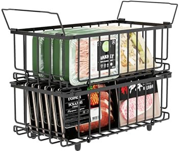 UMDONX Cesta para Congelador de 2 piezas negro - Cestas apilables para congelador con asa, fácil acceso, para congelador de 198L, organizar ingredientes congelados