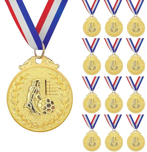 LGZIN 12 Stück Medaillen Kindergeburtstag Fussball, Medaillen Kinder Goldene Siegermedaille mit Bandhalskette, Olympische Medaille, Party Geschenke für Kinder, Jungen, Mädchen, Erwachsene