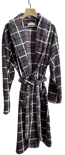 MTKSFDC Bademantel Herren Herren-Bademantel, Flanell, Winter, weich, Lounge-Nachthemd, Dicker Plüsch, Lange Herrenroben, kariert, graue Roben, Hausmantel mit Taschen(Plaid,M)