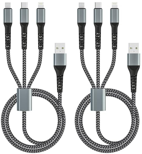 Multi USB Kabel 1.2M 2Stück, 3 in 1 Universal Ladekabel Mehrfach Anschlüsse | Nylon Multi Ladekabel mit Micro USB Typ C Lightning Kabel für iPhone, Samsung Galaxy, Android, Huawei,Oneplus, LG,Sony, PS5