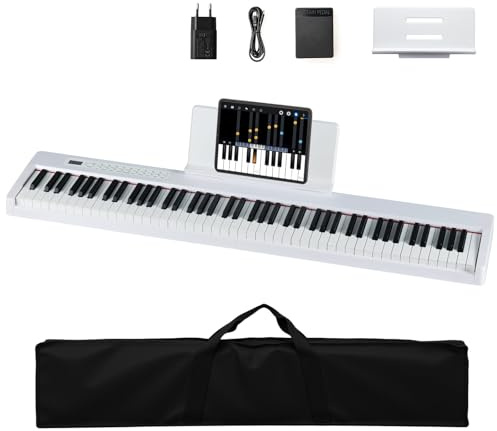KOMFOTTEU Digitalpiano mit 88 Tasten und 380 Sounds (Weiß) | Elektrisches Klavier mit 128 Rhythmen, 88 Demos, MIDI, Sustain-Pedal, Musikständer und Tragetasche