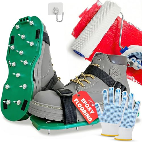Premium 9 Inch Spiked Roller for Self Leveling Compound Epoxy Shoes Spikes Flooring Garage Kit & Concrete Cement Follower Floor Paint Includes Dotted Gloves Screed Decking j Roller Tiling on a Roll