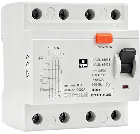 Fi schutzschalter 40A 30mA 4 polig Typ B fi schalter 10kA RCCB AC415V | Allstromsensitiver Fehlerstromschutzschalter IP20 Hutschienenmontage für Photovoltaikanlagen Ladestationen Industrieanlagen