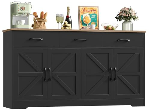 HOCSOK Sideboard, 150cm Breit Küchenschrank mit Arbeitsplatte, Schwarz | Sideboard mit 4 Türen und 3 Schubladen, Buffetschrank Anrichte für Wohnzimmer Küche Esszimmer, 150×81,5×38,5 cm