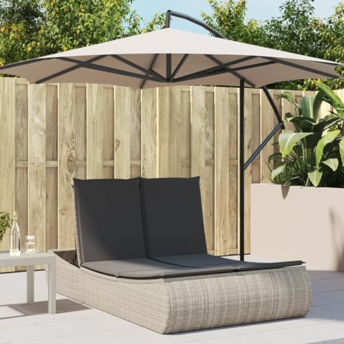 HGBNMER Doppel-Sonnenliege mit Kissen Hellgrau Poly Rattan Sitzgruppe Poly Rattan Gartenmöbel 3-Fach verstellbare Rückenlehne abnehmbare Bezüge PE