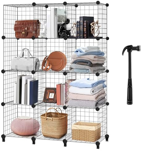 12 Cube Wire Grid Storage Rack with Mallet, Metal Wire Cube Storage Shelf Rack, Interlocking Shelving Unit, Shoe Cabinet Modular Mesh Panel Organizer for Books Shoes Clothes Tools, in Living Room Home