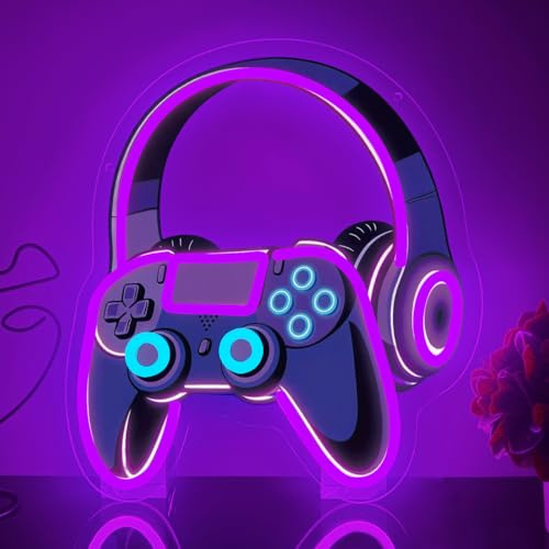 Gaming Controller Und Kopfhörer Neon Schild,LED Leuchtschild Für Wanddeko,Gamer Neonlicht Für Spielzimmer Jugendzimmer Man Cave Party,Dimmbare Lila Gaming Deko Geschenk Für Gamer（13.8*12.6）