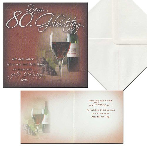 Perleberg hochwertige Geburtstagskarte mit Wein-Motiv und schöner Schrift - edle Karte zum 80. Geburtstag inkl Umschlag - Geburtstagskarten in Premium-Qualität 15 x 15 cm