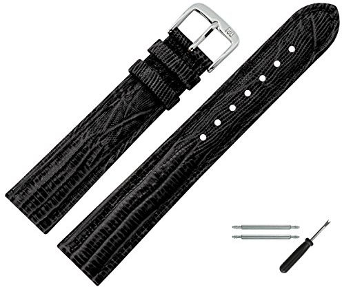 MARBURGER Uhrenarmband 12mm Leder Schwarz Silber Eidechse (Teju) Prägung Mit Naht - Montage Set 3551210000120
