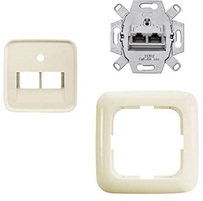 EBROM's BJ Sets Busch-Jaeger Komplettset / 2er Netzwerkdose - 2-fach UAE Anschlussdose Cat.6A UAE + 1 Fach Rahmen + Abdeckung - DURO 2000 cremeweiß