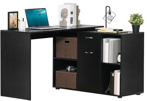 HOMCOM L-Shaped Computer Desk with Storage Compartments, Drawer and Cabinet, Laptop PC Corner Table, Home Office Workstation, 120 x 115 x 76cm, Black