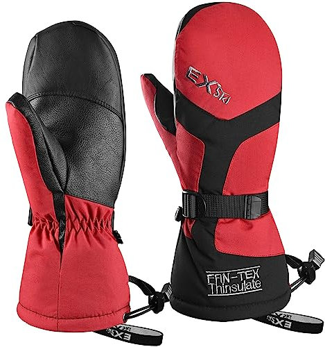 EXski Skihandschuhe Herren Damen Wasserdicht Warm Fausthandschuhe Damen Snowboardhandschuhe Fäustlinge Winter Handschuhe Red S