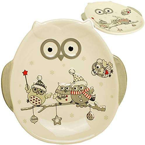 alles-meine.de GmbH 3D Effekt - Teller - lustige Eulen im Winter - Ø 20 cm - aus Porzellan/Keramik - Frühstücksteller Plätzchenteller/Kinderteller - Speiseteller/Frühstücks..