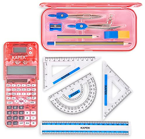 KAPEK Scientific Calculator + Math Set for Schools | 2-Line Display | 10-Piece Geometry Set | Ruler, Compass, Protractor | 240+ Integrated Functions | GCSE Math Bundle | Pink