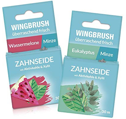 WINGBRUSH Zahnseide 2er-Set | 2 erfrischende Sorten für schöne, gepflegte Zähne, 1x Wassermelone/Minze, 1x Eukalyptus/Minze | vegan gewachst [Die Höhle der Löwen]