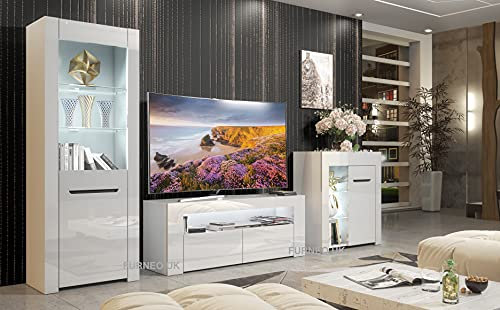 Furneo High Gloss & Matt White Living Room Set TV Stand Sideboard Display Cabinet Milano White LED Lights