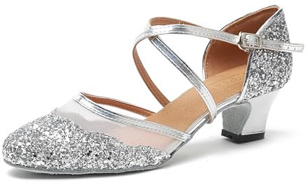 Minishion Damen T-Riemen Tanzabsätze Glitzer Salsa Ballsaal Schuhe Hochzeit Party Pumps, L267, Silberner Absatz, 5 cm, 39 EU