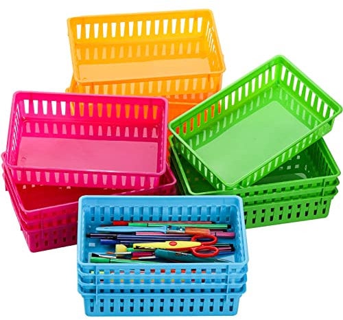 DEAYOU Aufbewahrungskörbe für Klassenzimmer, kleiner Kunststoff-Organizer-Korb, bunte Ablagen, Buntstifte, Behälter für Papier, Schreibtisch, Regal, Heimschule, Büro, 25,9 x 16,5 x 6,1 cm, 16 Stück