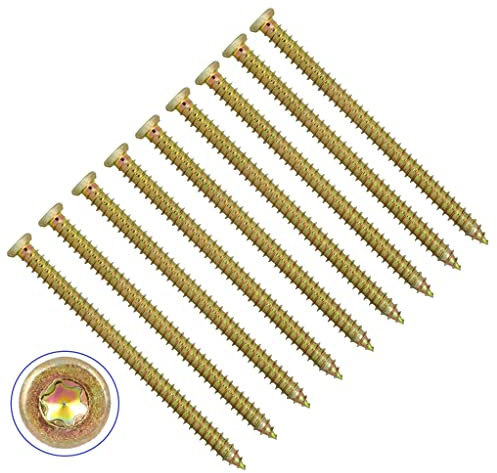 TERF Lot de 25 vis à béton à tête fraisée plate Torx 7,5 x 110 mm Utilisation sans bouchon pour brique creuse en pierre naturelle pour cadre de fenêtre, porte et menuiserie générale Jaune zinc