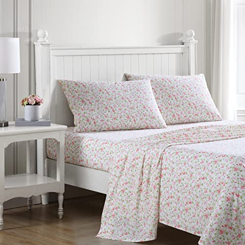 Laura Ashley, Bettlaken-Set, Baumwoll-Perkal Bettwäsche-Set, leicht und atmungsaktiv, Home Decor, Schlafzimmer-Essential (Norella Rosa, Doppelbett XL)