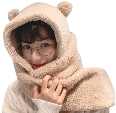 Damen Kawaii Bear Ear Beanie Mütze Schal 2 in 1 - Niedlich Winter Warm Sherpa Verdicken Fleece Fuzzy Japanische Flauschige Strickmütze Kappe (Beige), Beige, 7-7 1/8, Beige, 7-7 1/8