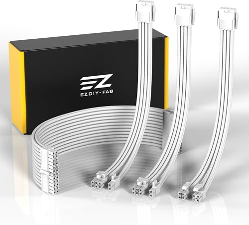 EZDIY-FAB PSU Verlängerungskabel Ummantelt Custom Mod PC Stromversorgungskabel,Weiches Nylongeflecht mit Kammsatz 24PIN/8PIN bis 6+2Pin/ 8PIN bis 4+4PIN-300MM-Alle Weiß