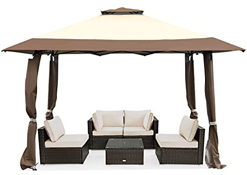 RELAX4LIFE 4x4M Tenda Gazebo Pieghevole con Doppio Tetto Ventilato, Struttura in Acciaio, Regolabile in Altezza, Protezione UV 50+, Borsa per il Trasporto su Ruote (Cachi)
